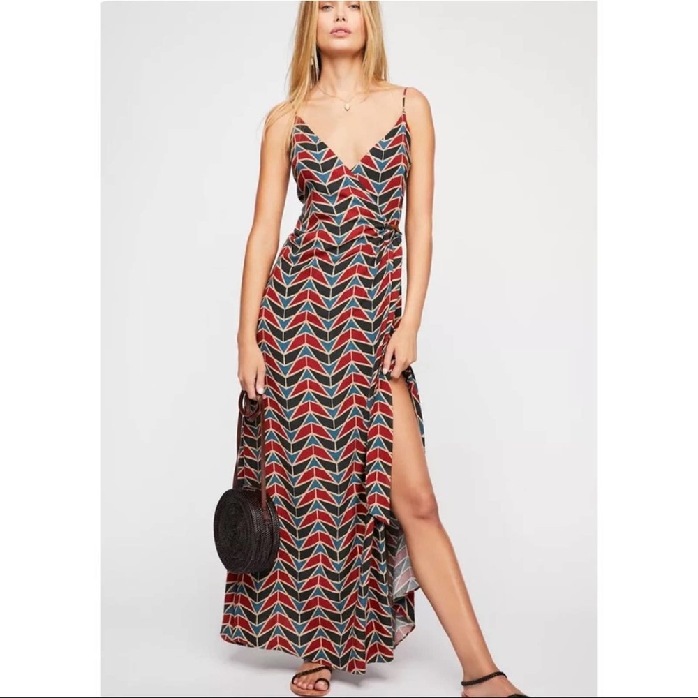 Free People Womens Sz XS Siren Maxi Dress Wrap Dress Red Blue Geometric